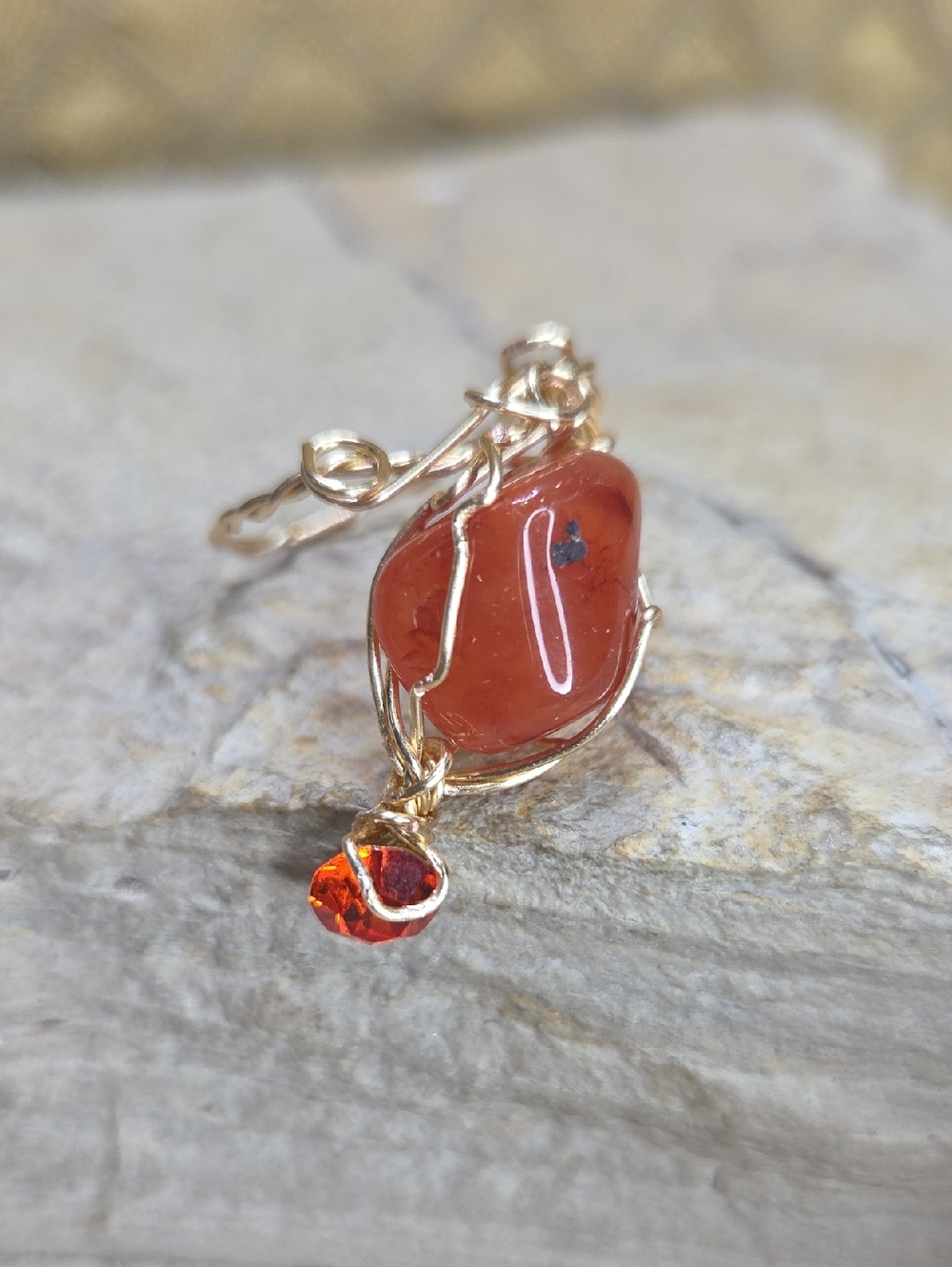 Gold Wire-Wrapped Red Carnelian Agate Ring with Orange Crystal Accent
